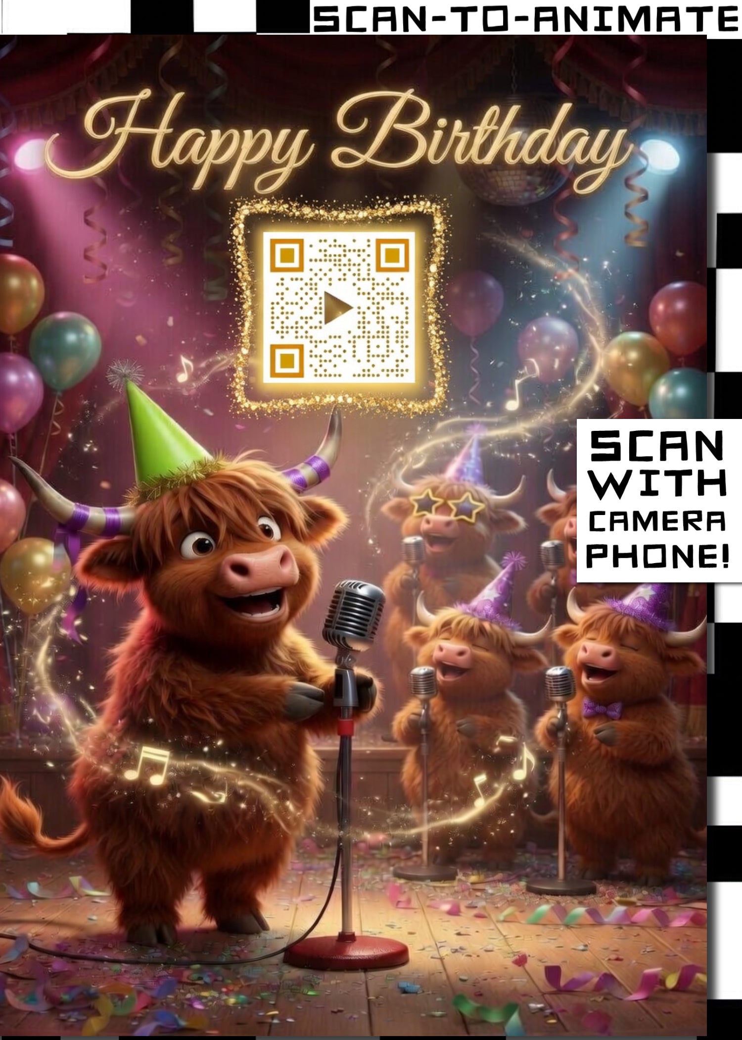 Happy Birthday QRaraoke Highland Cow Card