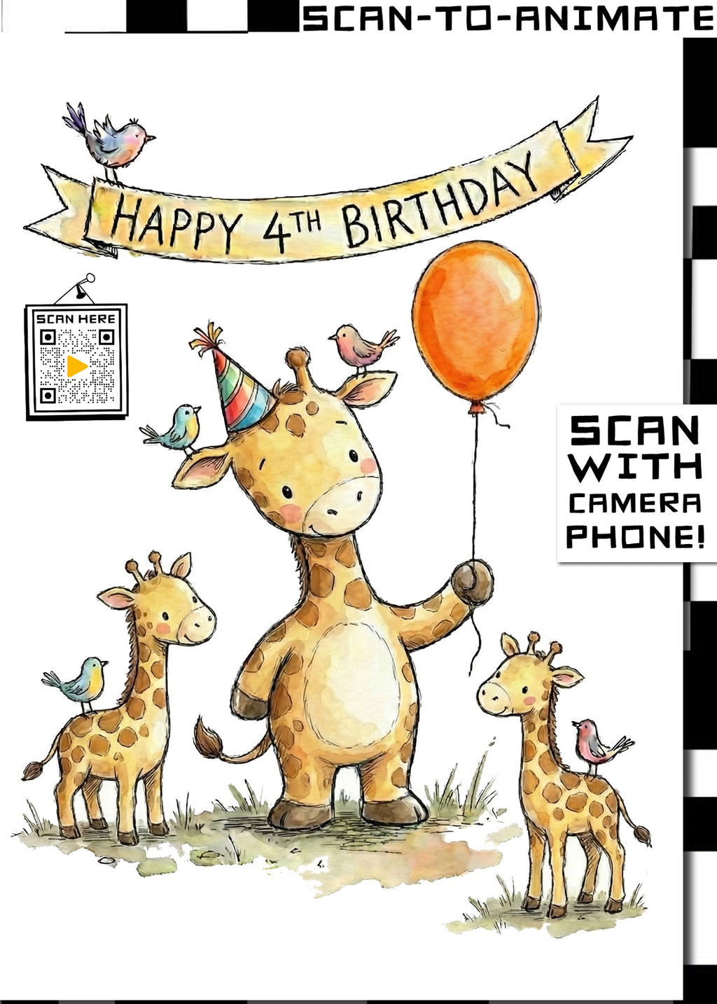 Happy 4th Birthday Giraffe Greetings Card
