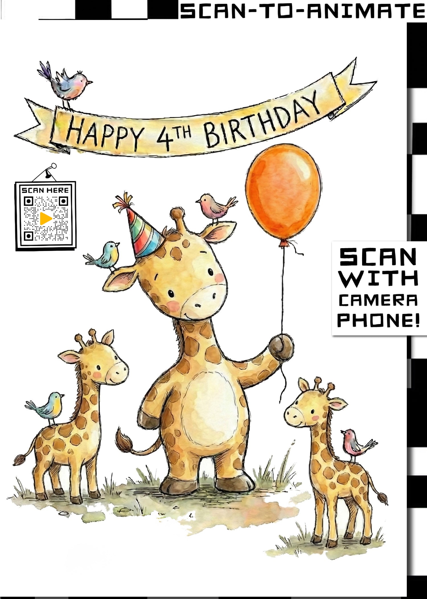 Happy 4th Birthday Giraffe Greetings Card