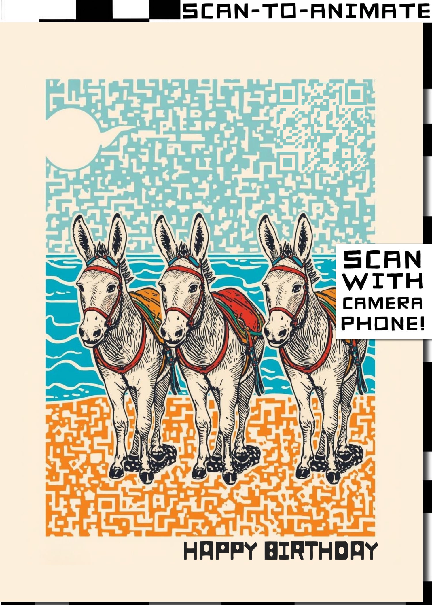 Q-ART Donkys at the Seaside Happy Birthday Card