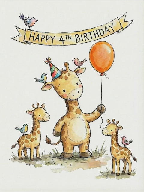 Happy 4th Birthday Giraffe Greetings Card
