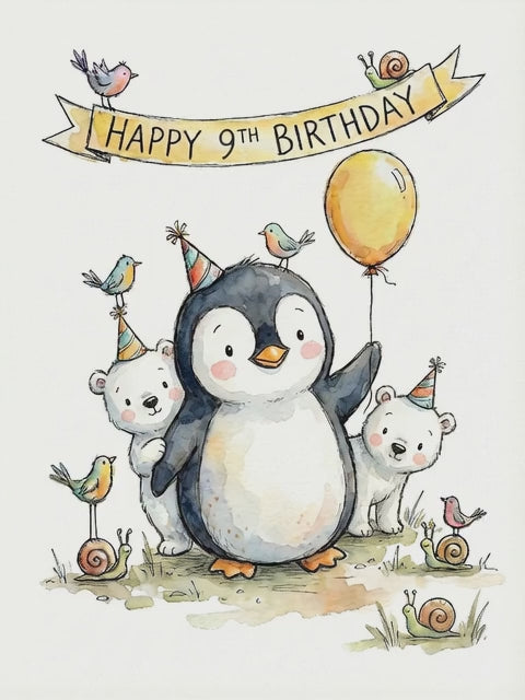 Happy 9th Birthday Penguin Greeting Card