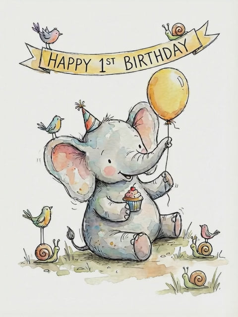 Happy 1st Birthday Elephant Greetings Card
